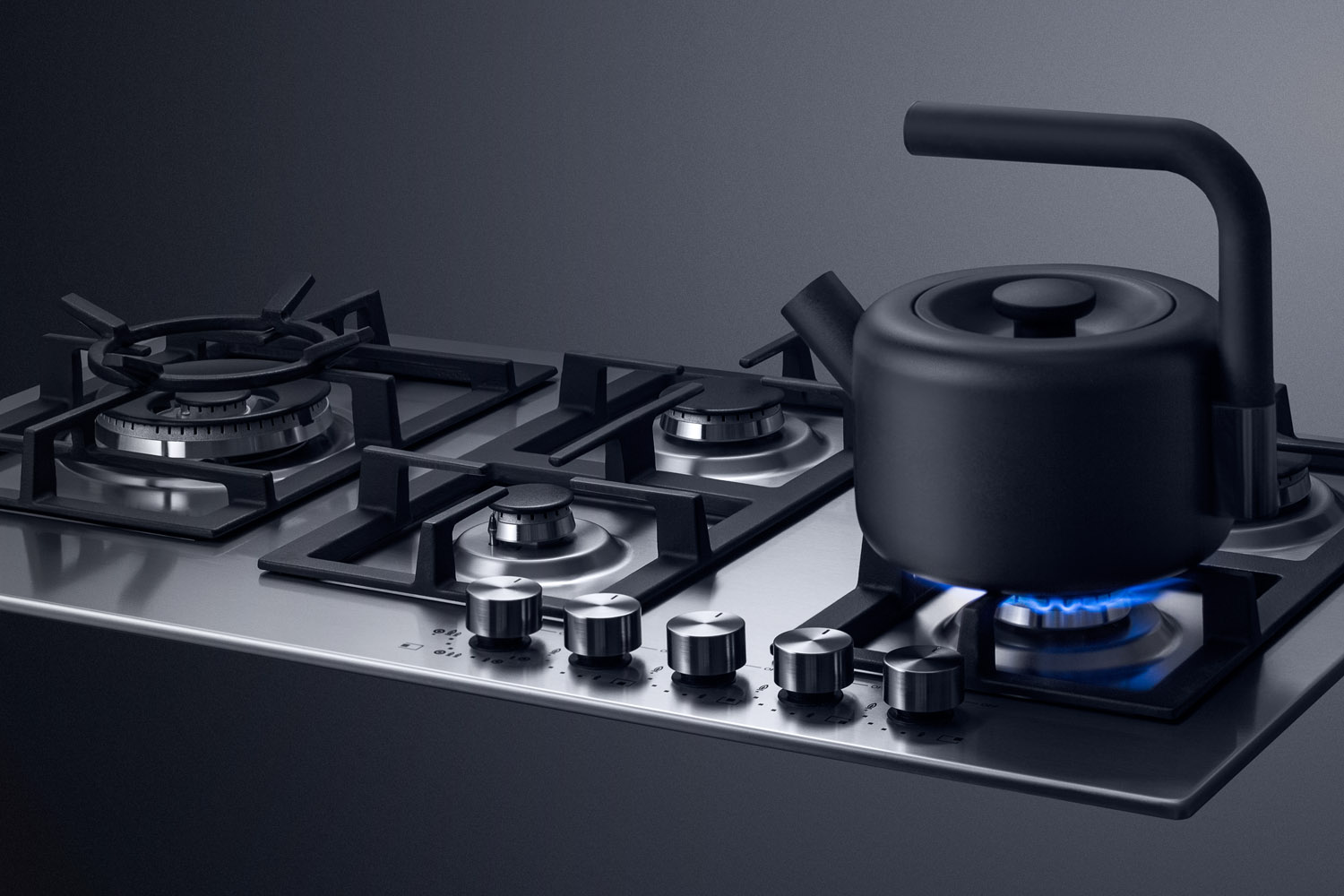 5-burner gas cooktop made in Italy with sealed burners, multiple heating outputs, a 304 grade stainless steel surface, and continuous cast iron grates